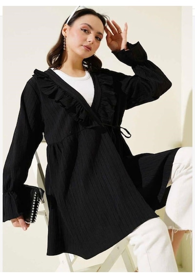 Lovie Moda Kadın Yaka Fırfırlı Kimono Siyah