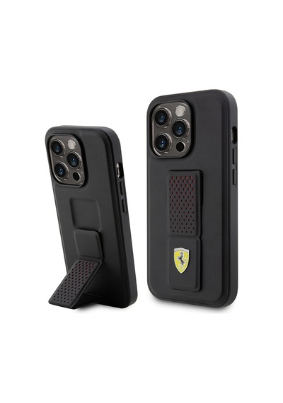 Apple Uyumlu iPhone 14 Pro Kılıf Ferrari Lisanlı Klasik Metal Logolu Delikli Standlı Deri Kapak Siyah