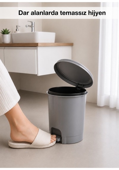 Gri Pedallı Çöp Kovası 6 L - İçi Kovalı Küçük Boy Banyo, Tuvalet Ve Ofis Tipi Modern Çöp Kutusu
