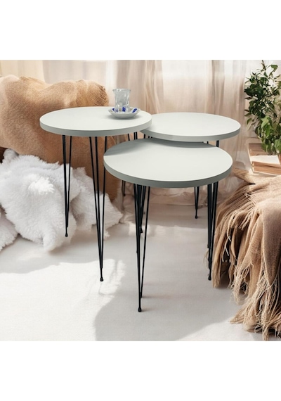 Zigon Sehpa 3'lü Yuvarlak Model Metal Tel Ayak Beyaz Beyaz