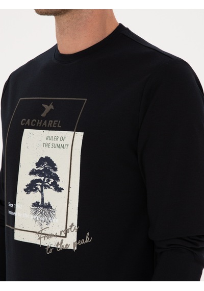 Lacivert Regular Fit Bisiklet Yaka Baskılı Sweatshirt