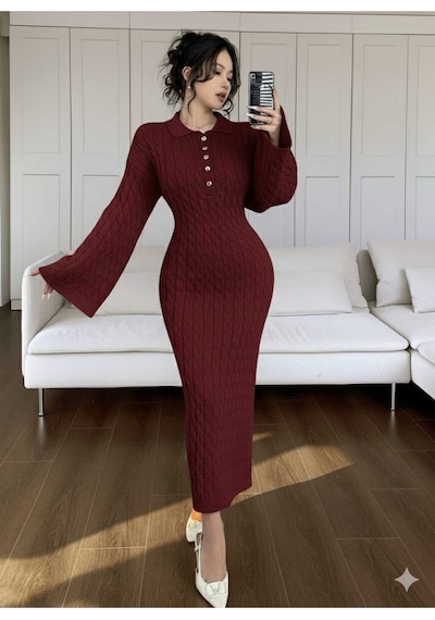 Sayzen Your Shine Gömlek Yaka Düğmeli Saç Örgülü Triko Elbise Sy-2515 Bordo