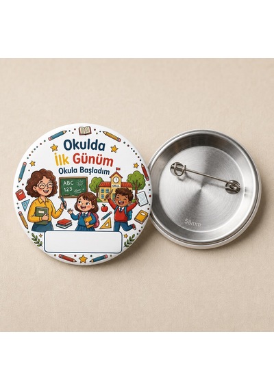 Fikart Okulda İlk Günüm - Klasik - Okul Ve Öğrenci Temalı 58mm İğneli Metal Buton Rozet Çok Renkli