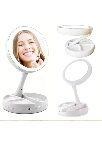 Monozone 10x Katlanabilir Çift Taraflı Usb Vanity Led Işıklı Makyaj Aynası Beyaz