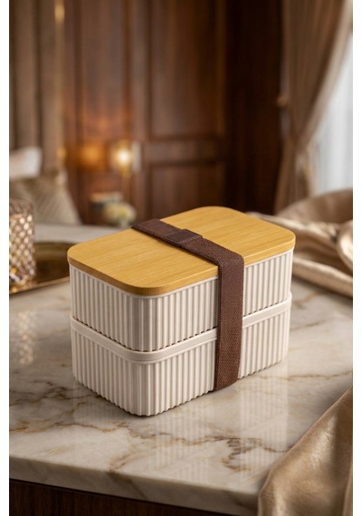 Makri Home Bambu Kapaklı 2'li Saklama Kabı Seti 0,5+0,5 Litre Üst Üste Konabilir 15x9x10 Cm Krem