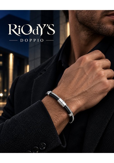Riody's Doppio Erkek Bileklik Çelik Ve Siyah Deri Çift Sıra Bas-aç Kilitli Modern Tasarım Gümüş - Siyah