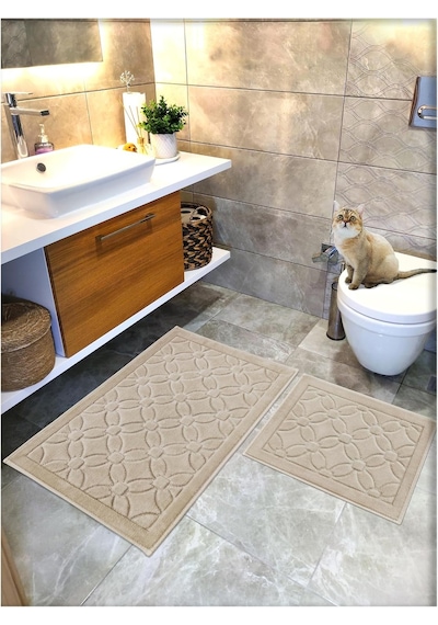 Cottoncrafty %100 Pamuk Dokuma Su Emici Banyo Paspas Seti, Banyo Halısı Çiçek 2 Li Set 60x100-60x50 Bej Diğer