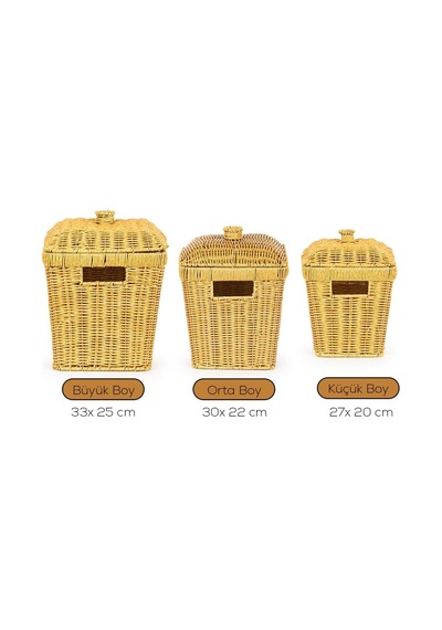 Pbt-919-2 3lü Hasır Sepet Kapaklı Bambu Sepet Seti Dekoratif Banyo Mutfak Düzenleyici Patates Soğan Sepeti Organize Diğer