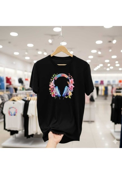 Çiçekli Kulaklık Baskılı Pamuk Kadın T-shirt Siyah