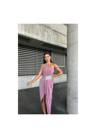 DefyModa Kadın Sandy Kumaş Tek Omuz Balık Kesim Abiye Elbise Gülkurusu
