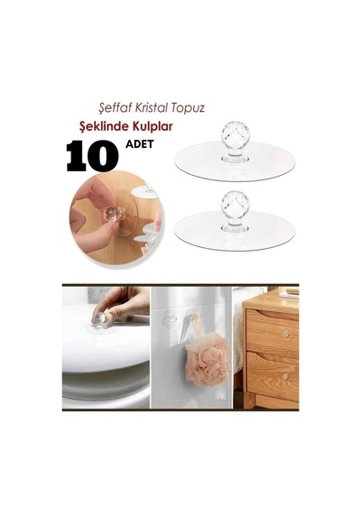 10 Adet Yapışkanlı Kristal Kulp Tutma Kolu Askı Dolap, Ayna, Kapak Çekme Kulpu Topuz Diğer
