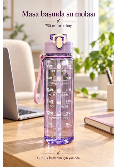 Madamev 3lü Motivasyonel Suluk Matara Seti 2000+750+280ml Pipetli Sticker Askılı Spor Okul Su Şişesi Mor