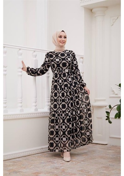 Neşeli Butik Kadın Kemerli Yeni Sezon Tesettür Elbise Sms016 Siyah