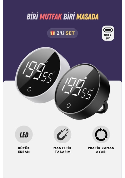 Rt-1 İkili Set Dijital Zamanlayıcı, Mutfak Kronometresi, Pomodoro Sayaç - Siyah & Beyaz