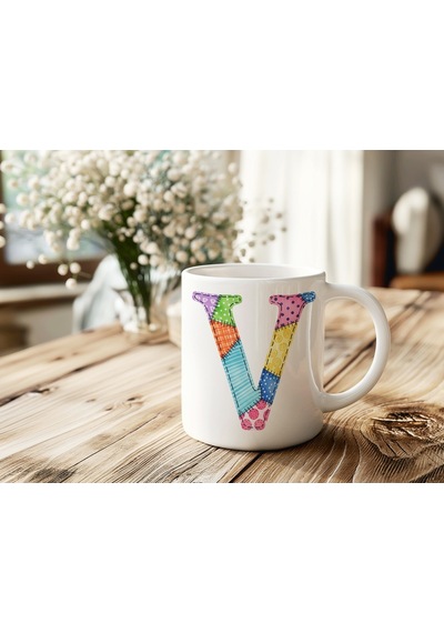 V Harfi Renkli Yamalı Tasarım Kupa Bardak - Bohem Patchwork Desenli Kupa - Etnik Hediyelik Beyaz