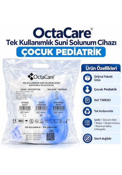 Octacare Çocuk Pediatrik Ambu Seti Tek Kullanımlık Manuel Suni Solunum Cihazı Rezervuar Balonlu, Oksijen Hortumlu Ve Maskeli Resüsitatör Seti 10 Adet