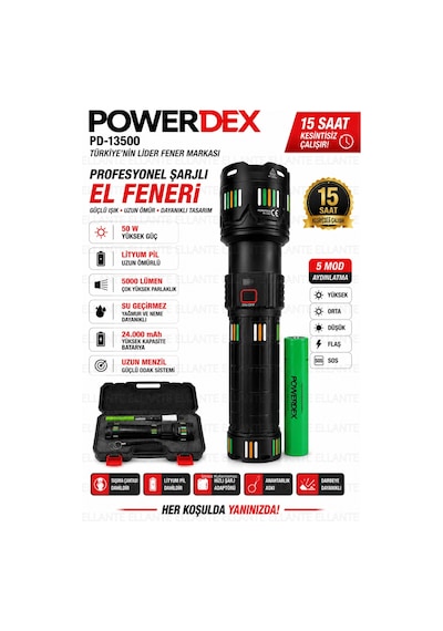 Şarjlı El Feneri 5000 Lümen 24.000 Mah Lityum Pil Taşıma Çantalı Profesyonel Set Pd-13500 Çok Renkli
