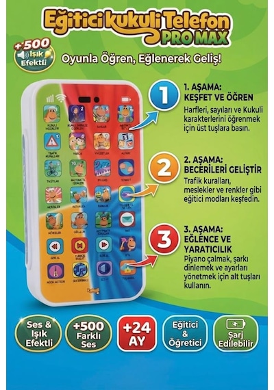 Eğitici Kukuli Şarjlı Telefon Pro Max: 28 Dokunmatik Tuşlu Ve 500 Farklı Sesli Oyuncak Telefon