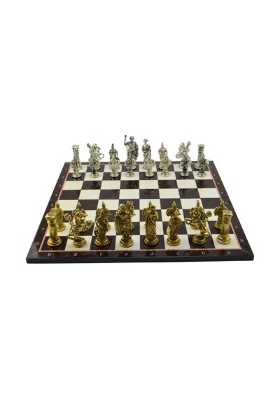 Gifthome Battal Boy Metal Roma Satranç Takımı Parlak Ve Katlanır Ceviz Desenli Mdf Satranç Tahtası 43x43 Cm.