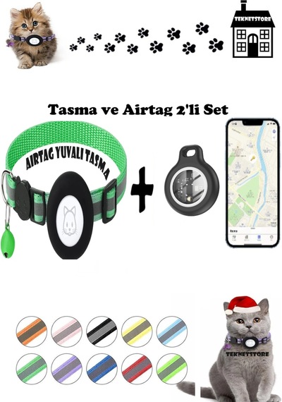 Teknetstore Takip Cihazı Ve Airtag Yuvalı Kedi Tasması 2'li Set Ios Uyumlu Boyun Tasması Gps