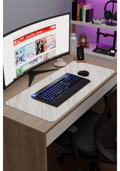 Beyaz Mermer Kaymaz Dikişli Kauçuk Oyuncu Mousepad V2 - 90x40 Xxl Gaming Mouse Pad Fare Altlığı