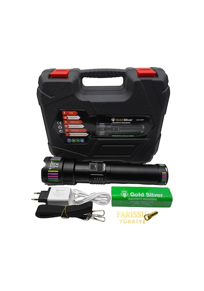 Gold Silver Gs-15250 110w 11000 Lümen Profesyonel Şarjlı El Feneri - 2 Km Menzilli Zoomlu Powerbank Özellikli Siyah