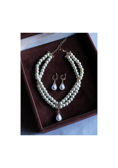Zirkon Taşlı Tasma Choker İnci Kolye Ve İnci Küpe Seti Düğün Nikah Kına Beyaz 96662388