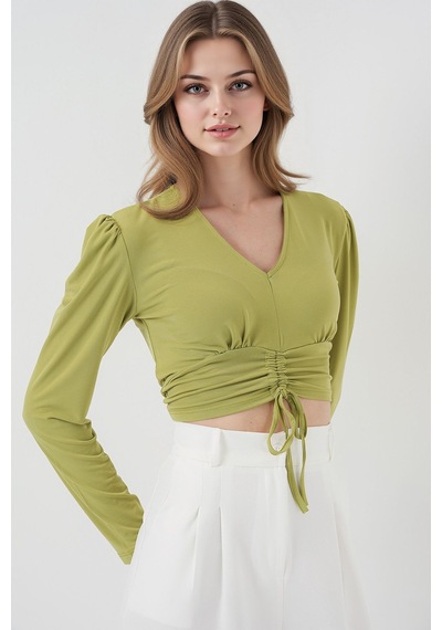 Hiccup Bdart Drapeli V Yaka Dikişli Crop Top Yeşil