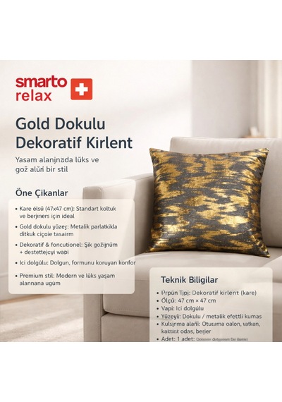 Smarto Relax Dolgulu Kırlent Tekli Antibakteriyel Desenli Dekoratif 47x47 Cm Siyah - Altın