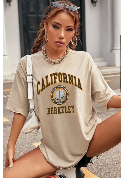 Unisex California Baskılı Tasarım T-shirt Bej