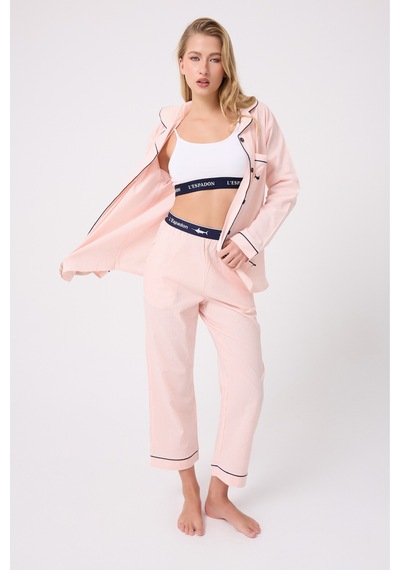 Lespadon Marısılk Seastrıpe Premium Dokuma Uzun Kollu Crop Pantolonlu Kadın Pijama & Lounge Takımı-3199 Pembe