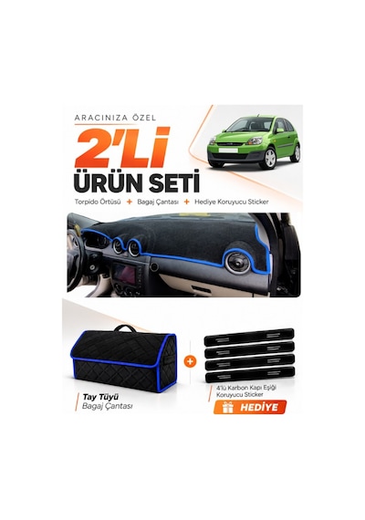 Ford Fiesta Tip 2 2003-2010 Uyumlu Torpido Örtüsü + Tay Tüyü Bagaj Çantası + Sticker - Siyah Mavi