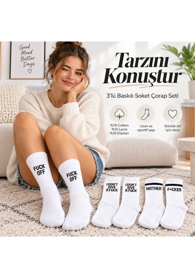 Bezos Unisex Beyaz Yazılı Çorap Esprili Sloganlı Uzun Soket Günlük Spor Rahat 6lı Eğlenceli Şık Hediye Set Dfnbez