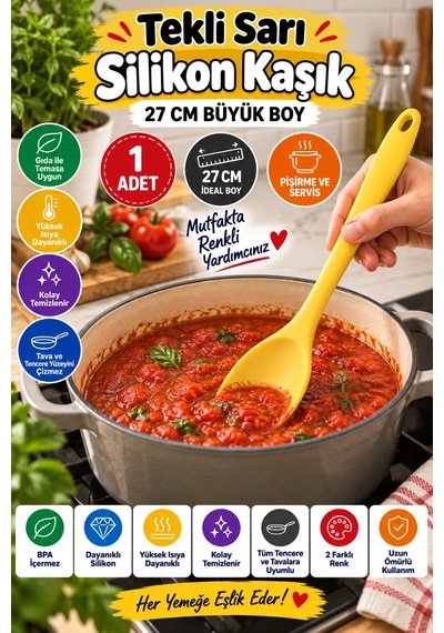 Tekli Sarı Büyük Boy Silikon Kaşık 27 Cm Mutfak Yemek Pişirme Ve Servis Kaşığı Sunum Ve Pişirme İçin