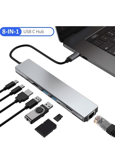8 İn 1 Type C To Hdtv Çok Portlu Hub 4k Hdmı Pd Rj45 Usb 3.0 Sd Tf Çevirici Adaptör