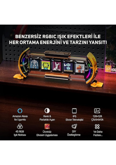 Divoom Times Gate 5 Ekranlı Rgb Işıklı Akıllı Dijital Saat, Dekor Resim Çerçevesi, Sarı