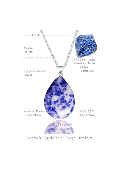 Erilsa Sertifikalı Damla Model Sodalit Taşı Kolye Gümüş Aparatlı Çok Renkli