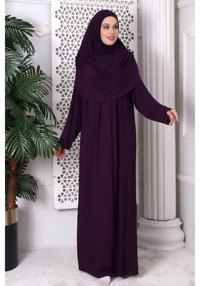 Tek Parça Pratik Başörtülü Robalı Namaz Elbisesi 8015 Mürdüm