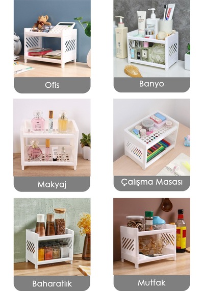 2 Katlı Beyaz Plastik Çok Amaçlı Makyaj Banyo Ofis Raf Organizeri Mıt1279 Beyaz
