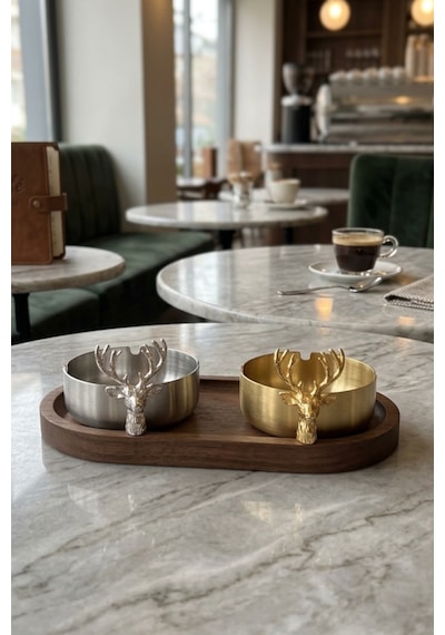 Küllük Ahşap Sunumluk Geyikli Gold-gümüş Metal İkili Dekoratif Küllük Klasik