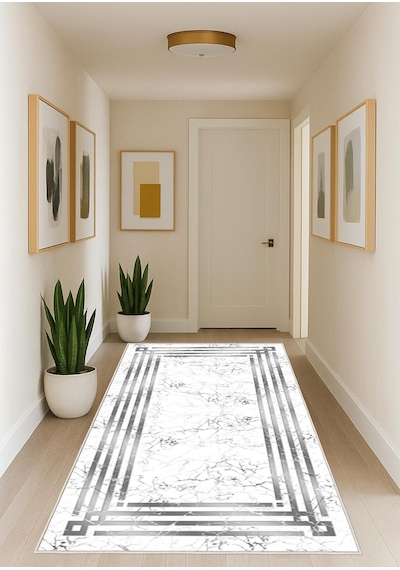 STY Home Beyaz Gri Dijital Baskı Salon Halısı Kaymaz Tabanlı Yıkanabilir Halı Yolluk 537 Beyaz