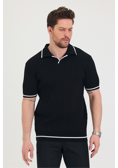 Cool Tarz Erkek Yaka Kol Etek Beyaz Çizgi Detaylı Siyah Triko T-shirt Siyah Siyah