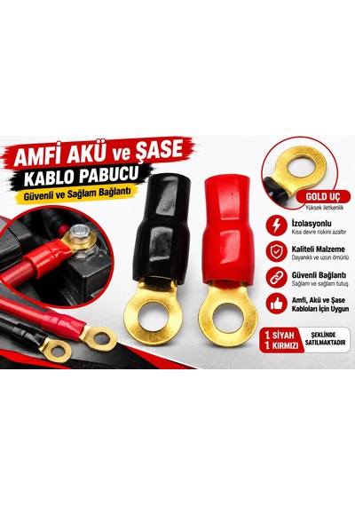 Amfi Akü Şase Kablo Pabucu - 2 Adet 1 Siyah + 1 Kırmızı - 4ga - 6ga Ve 8ga Kablo İçin Gold Uçlu İz