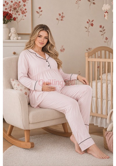Lady Bebe Pembe Renkli Kol Ve Paçaları Manşetli, 33202 Uzun Kol, 2 Parça Lohusa Hamile Pijama Takımı Açık Pembe