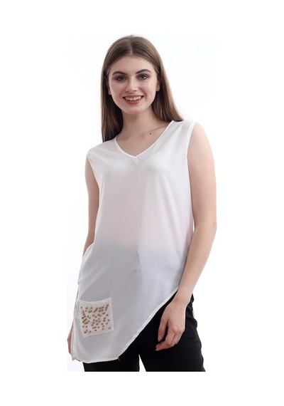 Self Clothing Kadın Beyaz V Yaka Cep Ve Yırtmaç Detaylı Bluz Slf1246-Beyaz