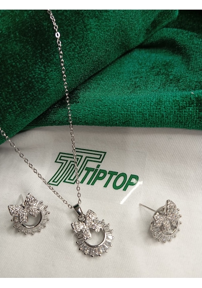 Tiptop/ Gümüş Renk Zirkon Taşlı Baget Fiyonk Model Kolye Ve Küpe Seti Gümüş