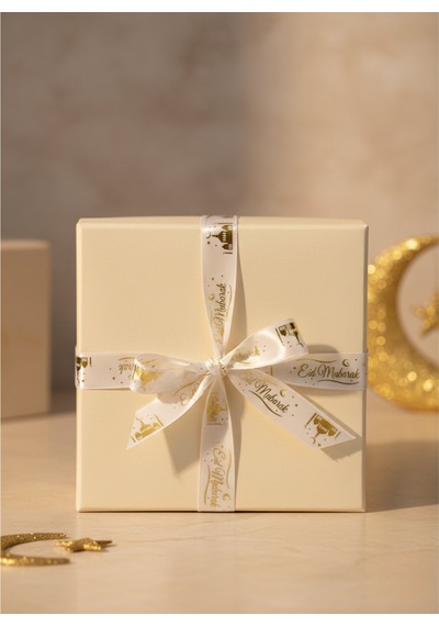 Eid Mubarak Yazılı Hediye Paketleme Kurdelesi, Altın Varak Krem Saten Kurdele, 2.5cm X 5m Standart