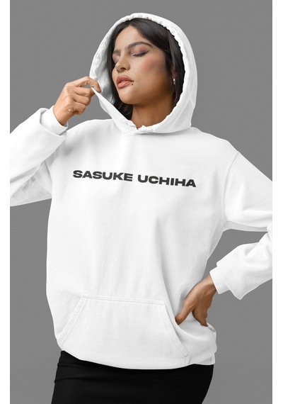 Sevbano Sasuke Uchiha Naruto Anime Sırt Baskılı Unisex Oversize Penye Hoo beyaz