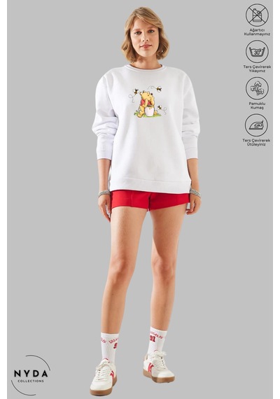 Unisex Uzun Kollu Winnie The Pooh Baskılı Bisiklet Yaka Kapüşonsuz Şardonlu Oversize Sweatshirt Beyaz