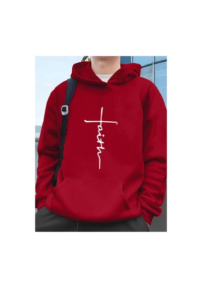 Medinenur Faith Baskılı Kapüşonlu Sweatshirt Kırmızı